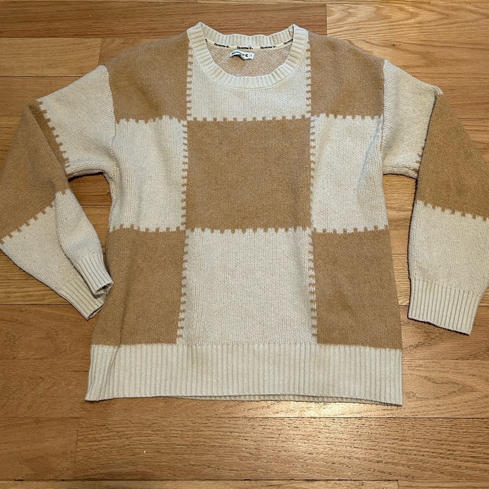Bearpaw Tan & Cream Patchwork Sweater | Oversized Cozy Knit L
